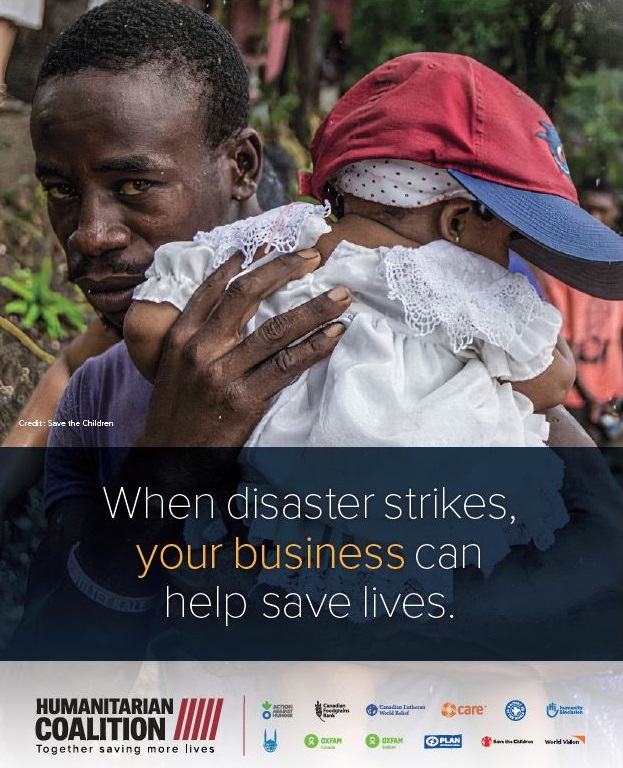 Cover of corporate partnerships brochure showing a Haitian man carrying his child to safety