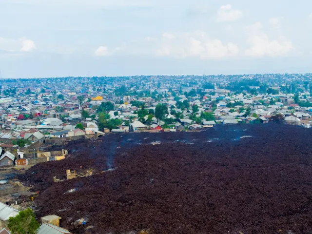 View of city where lava flow stops