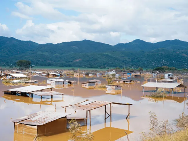 A village is submerged by floodwaters