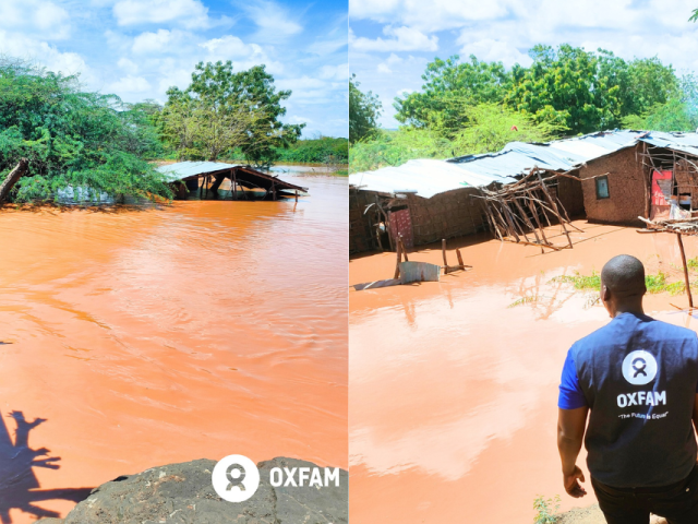 Floods in Kenya, and Oxfam humanitarian worker observing the devastation
