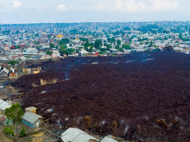 View of city where lava flow stops