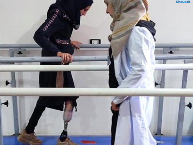 Reema doing physio with her prosthetic leg