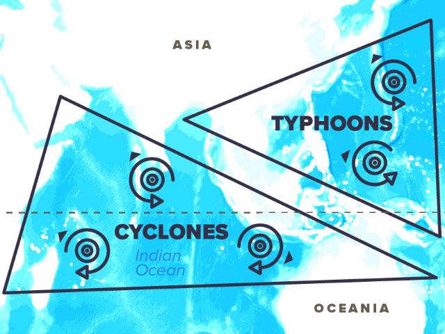Map showing hurricanes, cyclones, and typhoons