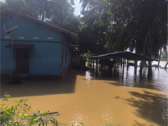 High water levels around a building in a tropical setting