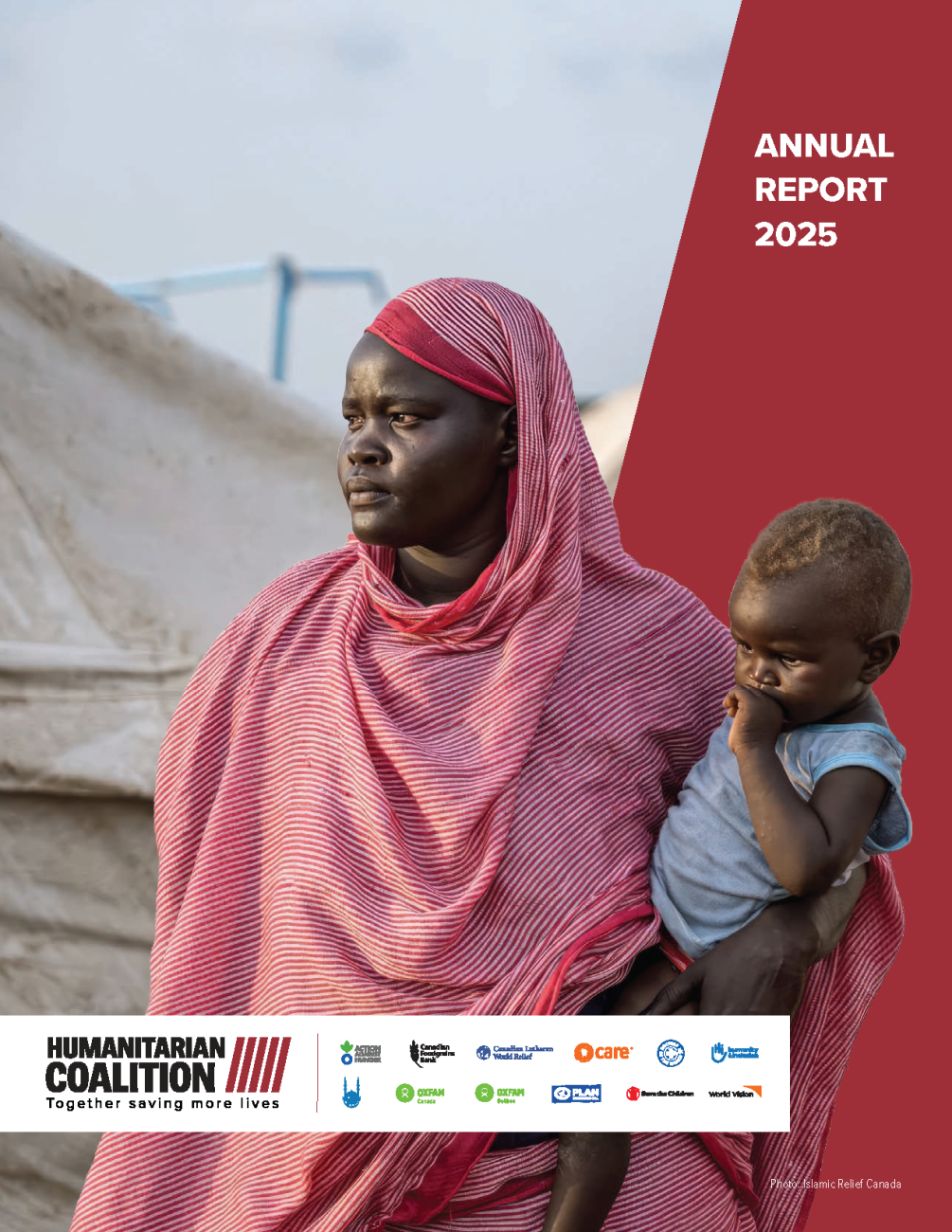 Cover of the Humanitarian Coalition's annual report, featuring a woman holding her child